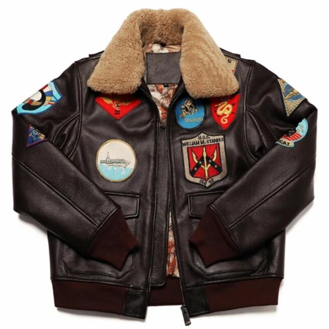 Nowa męska kurtka skórzana Top Gun w kolorze brązowym.