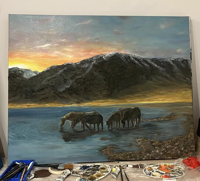 Złota chwila. Obraz duży do salonu. Pejzaż.Konie.Olej 100-80