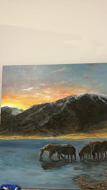 Złota chwila. Obraz duży do salonu. Pejzaż.Konie.Olej 100-80