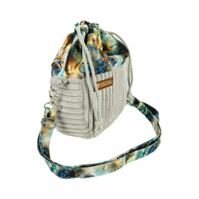 Torebka Sakiewka Sztruksowa Szara z Motywem Kosmicznych Kotów – Handmade