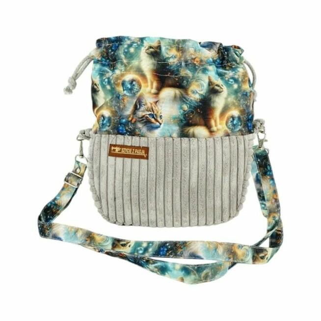 Torebka Sakiewka Sztruksowa Szara z Motywem Kosmicznych Kotów – Handmade