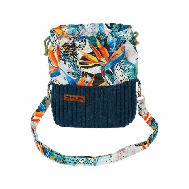 Torebka Sakiewka Sztruksowa Granatowa z Motywem Kolorowa Dżungla – Handmade