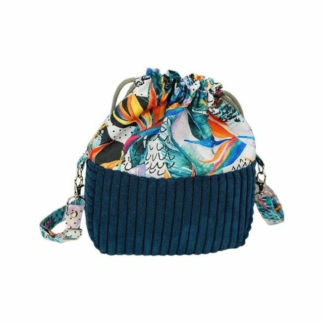 Torebka Sakiewka Sztruksowa Granatowa z Motywem Kolorowa Dżungla – Handmade