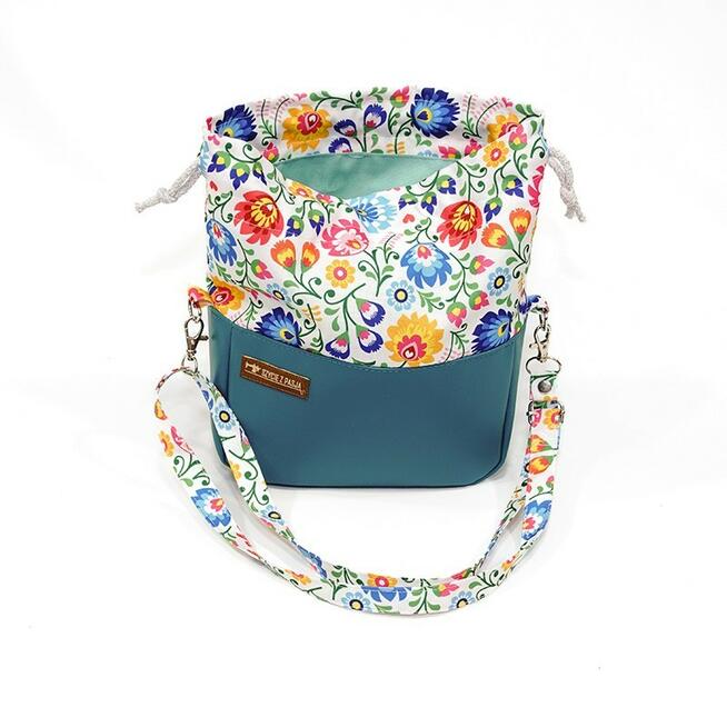 Torebka Sakiewka Turkusowa z Motywem Ludowych Kwiatów – Handmade