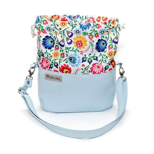 Torebka Sakiewka Błękitna z Motywem Ludowych Kwiatów – Handmade