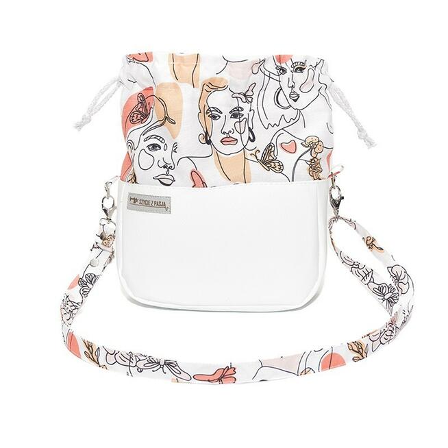 Torebka Sakiewka Biała z Motywem Artystycznych Twarzy – Handmade