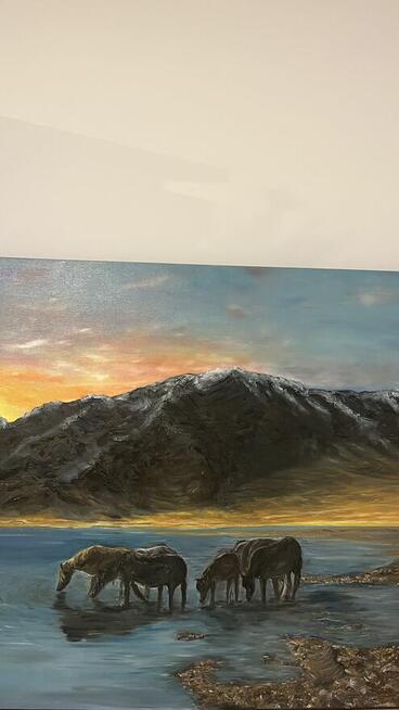 Złota chwila. Obraz duży do salonu. Pejzaż.Konie.Olej 100-80