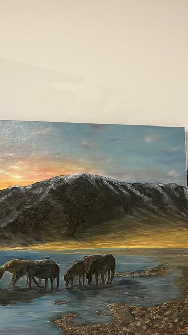 Złota chwila. Obraz duży do salonu. Pejzaż.Konie.Olej 100-80