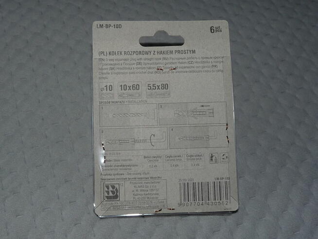 Kołki rozporowe 6 szt. z hakiem prostym 10 mm x 60 mm