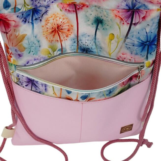 Worko-Plecak Różowy z Motywem Dmuchawców – Handmade z Ukrytą Kieszenią na Zamek