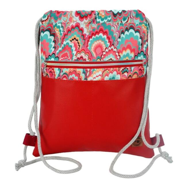 Worko-Plecak Czerwony z Motywem Fal – Handmade z Ukrytą Kieszenią na Zamek