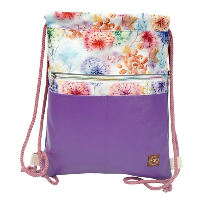Worko-Plecak Fioletowy z Motywem Dmuchawców – Handmade z Ukrytą Kieszenią na Zamek