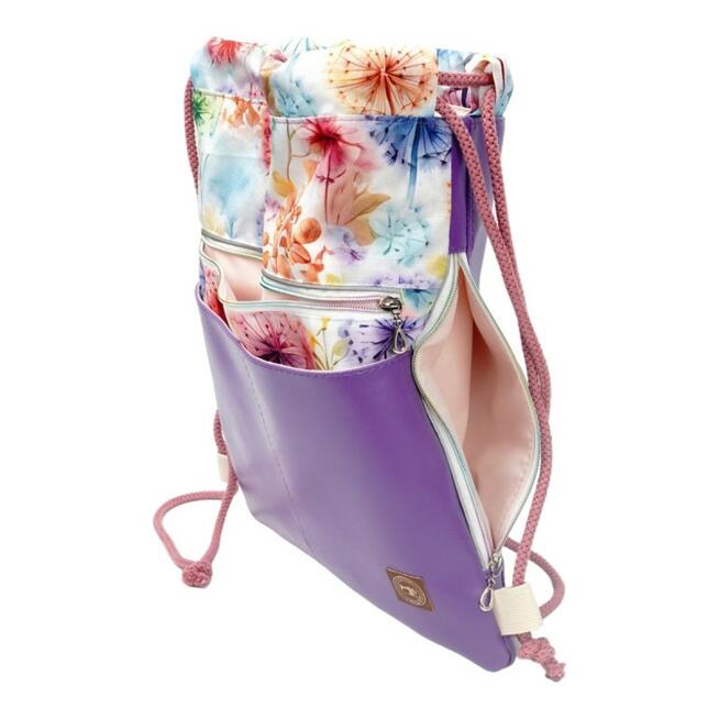 Worko-Plecak Fioletowy z Motywem Dmuchawców – Handmade z Ukrytą Kieszenią na Zamek