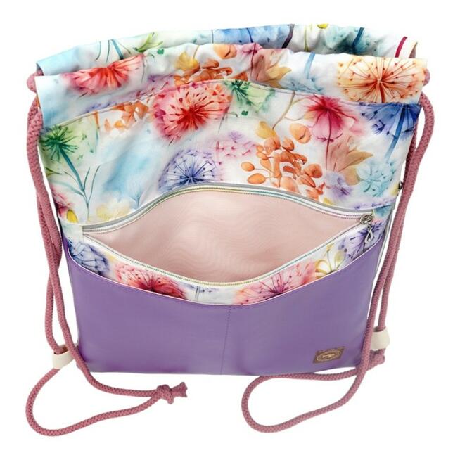 Worko-Plecak Fioletowy z Motywem Dmuchawców – Handmade z Ukrytą Kieszenią na Zamek