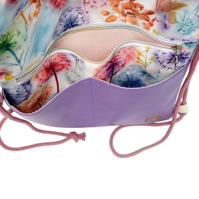 Worko-Plecak Fioletowy z Motywem Dmuchawców – Handmade z Ukrytą Kieszenią na Zamek