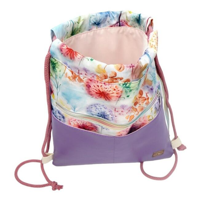 Worko-Plecak Fioletowy z Motywem Dmuchawców – Handmade z Ukrytą Kieszenią na Zamek