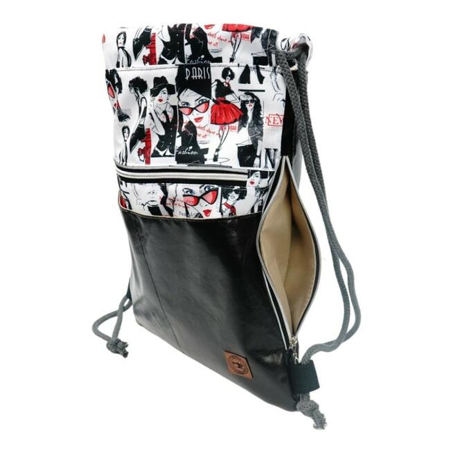 Worko-Plecak Czarny z Motywem Fashion – Handmade z Ukrytą Kieszenią na Zamek