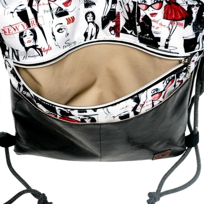 Worko-Plecak Czarny z Motywem Fashion – Handmade z Ukrytą Kieszenią na Zamek