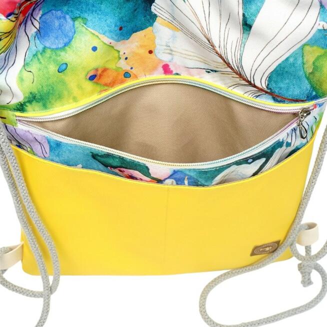 Worko-Plecak Żółty z Motywem Piórek – Handmade z Ukrytą Kieszenią na Zamek