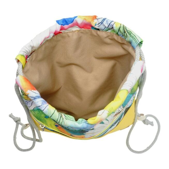 Worko-Plecak Żółty z Motywem Piórek – Handmade z Ukrytą Kieszenią na Zamek