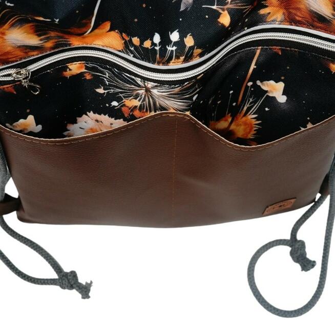 Worko-Plecak Brązowy z Motywem Dmuchawców – Handmade z Ukrytą Kieszenią na Zamek