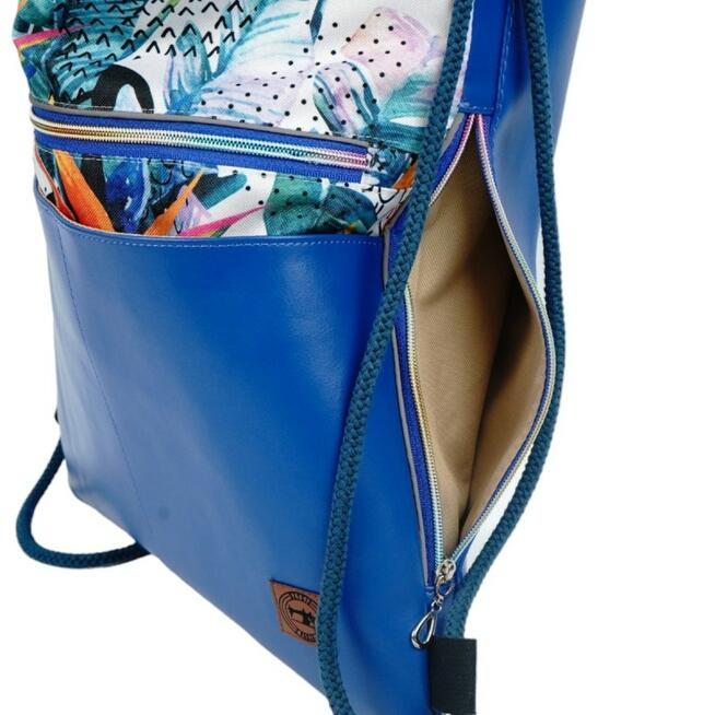 Worko-Plecak Niebieski z Motywem Dżungli – Handmade z Ukrytą Kieszenią na Zamek