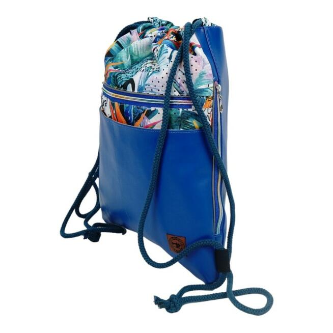 Worko-Plecak Niebieski z Motywem Dżungli – Handmade z Ukrytą Kieszenią na Zamek