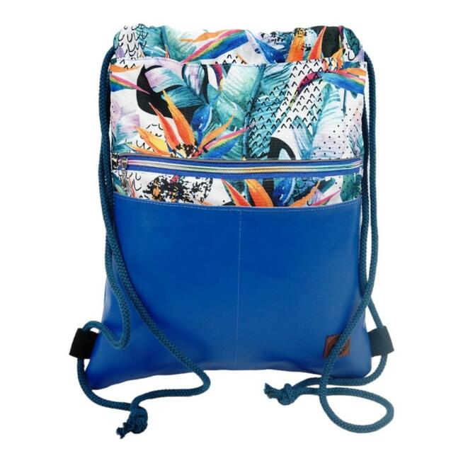 Worko-Plecak Niebieski z Motywem Dżungli – Handmade z Ukrytą Kieszenią na Zamek