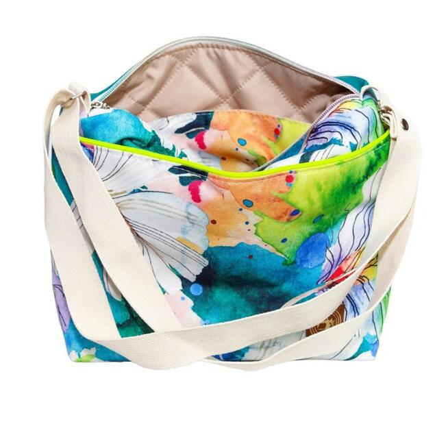 Torebka Na Ramię z Motywem Piór i Turkusową Ekoskórą – Handmade