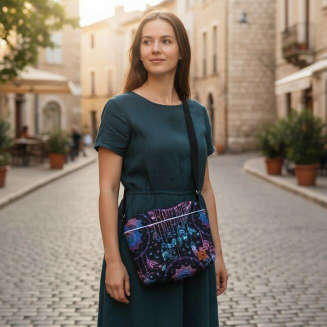Torebka Na Ramię z Motywem Łapaczy Snów i Niebieską Ekoskórą – Handmade