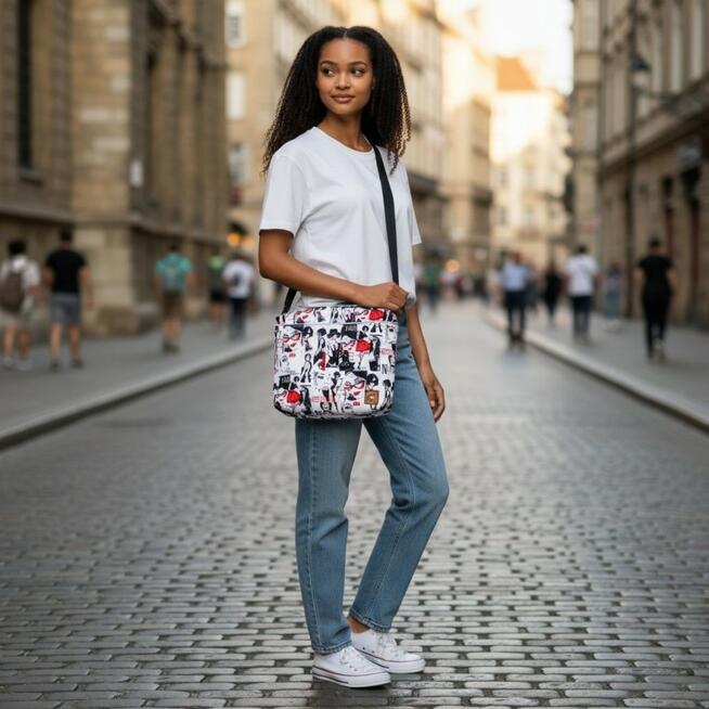 Torebka Na Ramię z Motywem Fashion i Czarną Ekoskórą – Handmade