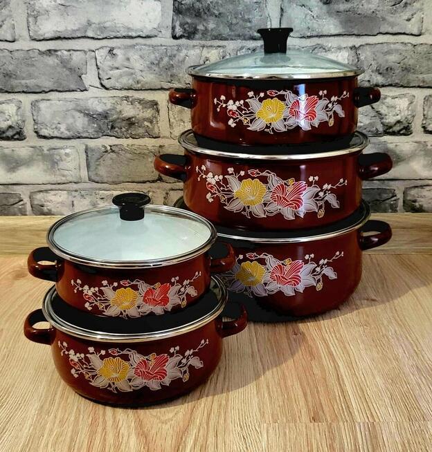 Garnki emaliowane niebieskie i brązowe 99zl