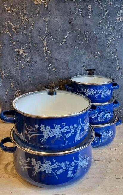 Garnki emaliowane niebieskie i brązowe 99zl