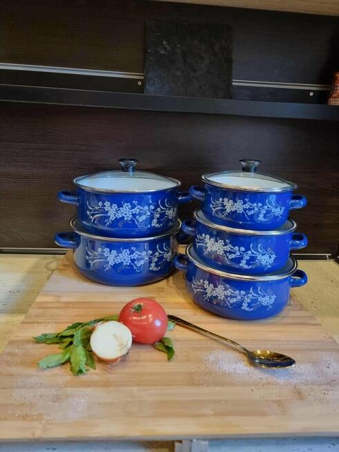 Garnki emaliowane niebieskie i brązowe 99zl
