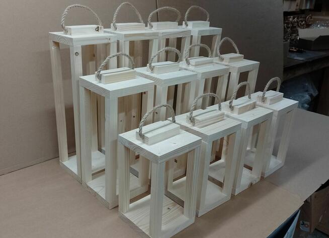 Lampiony z drewna 3szt KOMPLET 46cm 36cm 26cm latarnia