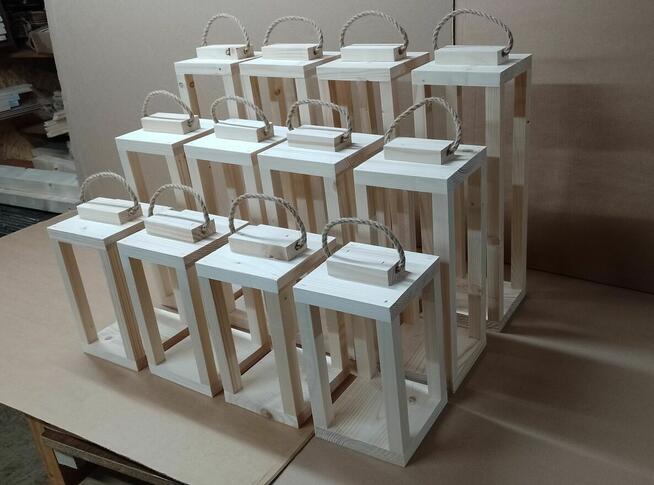 Lampiony z drewna 3szt KOMPLET 46cm 36cm 26cm latarnia