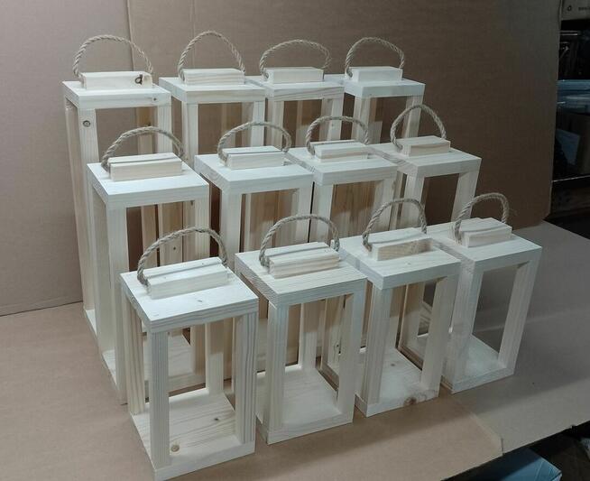 Lampiony z drewna 3szt KOMPLET 46cm 36cm 26cm latarnia
