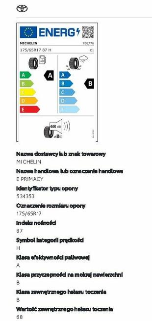 LETNIE OPONY MICHELIN E-PRIMACY 175/65R17 - 2025 PO 1600 KM