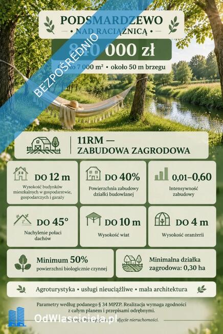 Działka siedliskowa z linią brzegową blisko Warszawy, 1h drogi S7, las, południowa wystawa sad, war