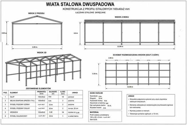 Wiata konstrukcja 12 x 6 x 4