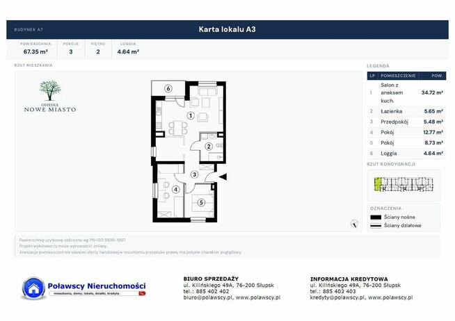3 pok. 67,35 m2 m. post. duży balkon ul. Legionów Polskich