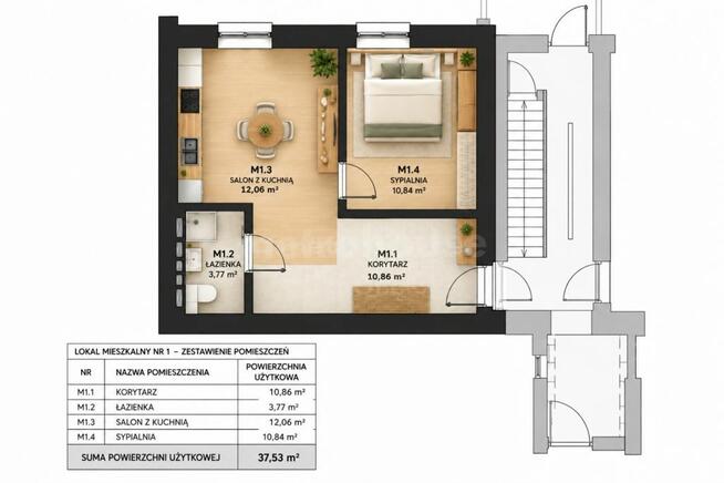 Mieszkanie M1 - 37,53 m², parter - Nowa Starówka