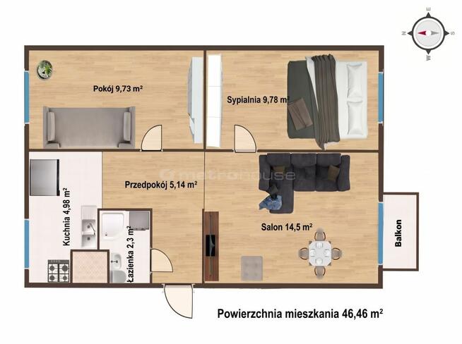 Dwustronne 3-pokojowe mieszkanie 46,46 m² Radom
