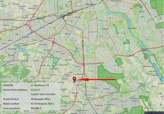 Licytacja, kawalerka, 15 km od centrum Warszawy