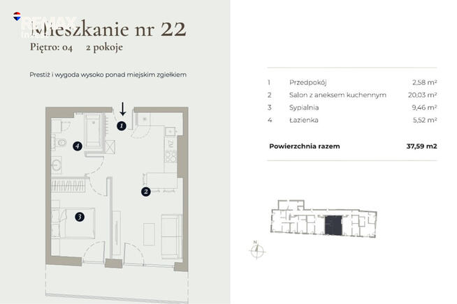 2 pokoje | 37,59 m² | Balkon + widok na Beskidy