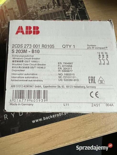 Wyłącznik nadprądowy ABB S 203M B10 (3-fazowy, 10A) –