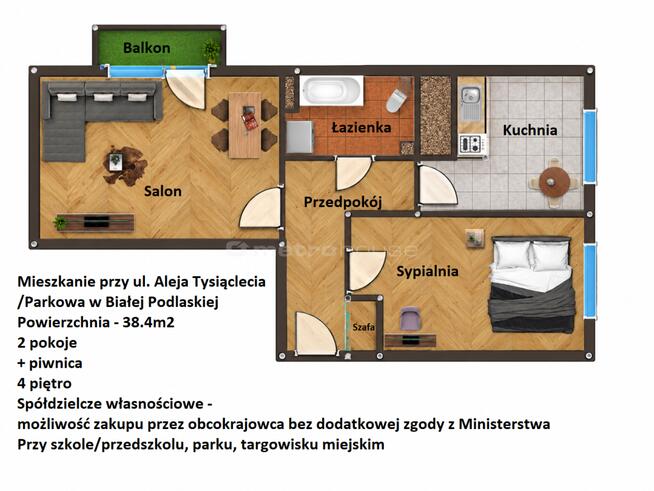 38.4m² - 2 pokoje z pięknym widokiem na rzekę