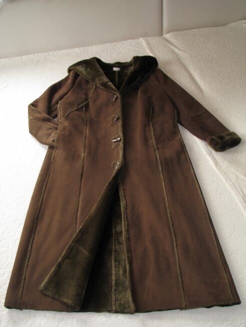 Elegancki kożuszek damski z kapturem, rozm. XXL