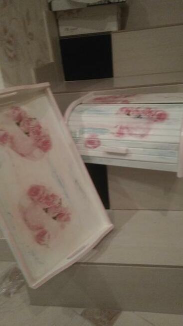 Chlebak drewniany z tacą decoupage zestaw do kuchni