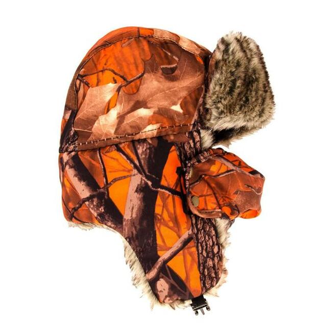 Czapka myśliwska uszatka kamuflaż pomarańczowy + maska